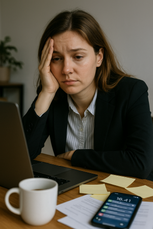 gestresste Frau am Laptop www.simply-good-coaching.de