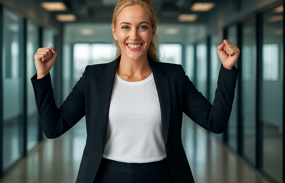 Frau im Büro in Siegerpose, sie nutzt ihre Handlungsspielräume