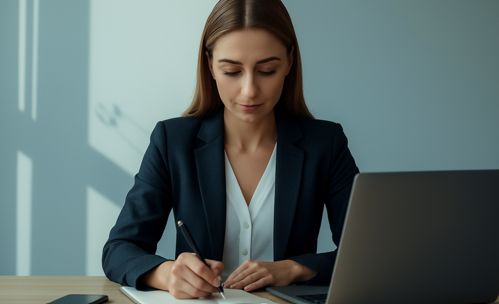 weibliche Führungskraftam Schreibtisch, schreibt ins Notzizbuch www.simply-good-coaching.de