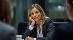 Berufstätige Frau sitzt konzentriert in einem Meeting und denkt über Kommunikation, Selbstzweifel und Präsenz im Job nach