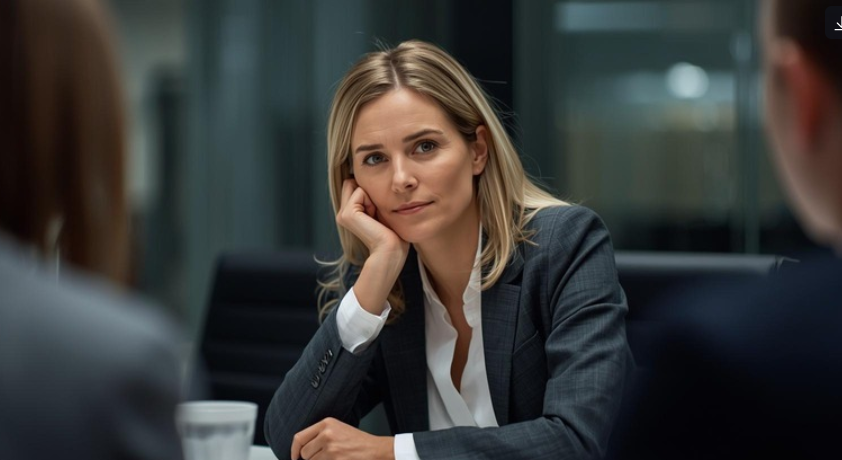 Berufstätige Frau sitzt konzentriert in einem Meeting und denkt über Kommunikation, Selbstzweifel und Präsenz im Job nach